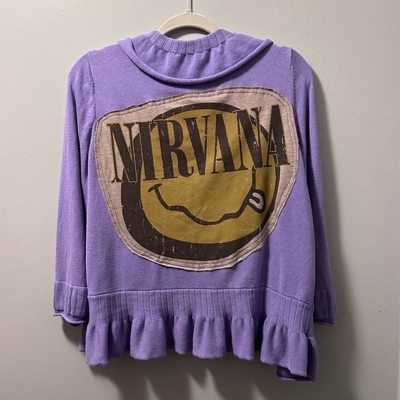 Nirvana purple cardigan up cycle ruffles knit handmade women large - Picture 4 of 9